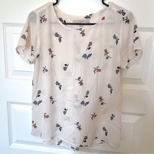 LOFT Floral White Chiffon Short Sleeve Blouse Size Small (petite)